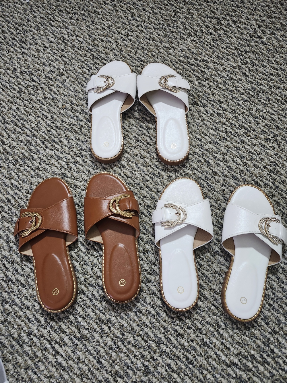 Women's Slip-On Mule with Decorative Buckle - White and Brown